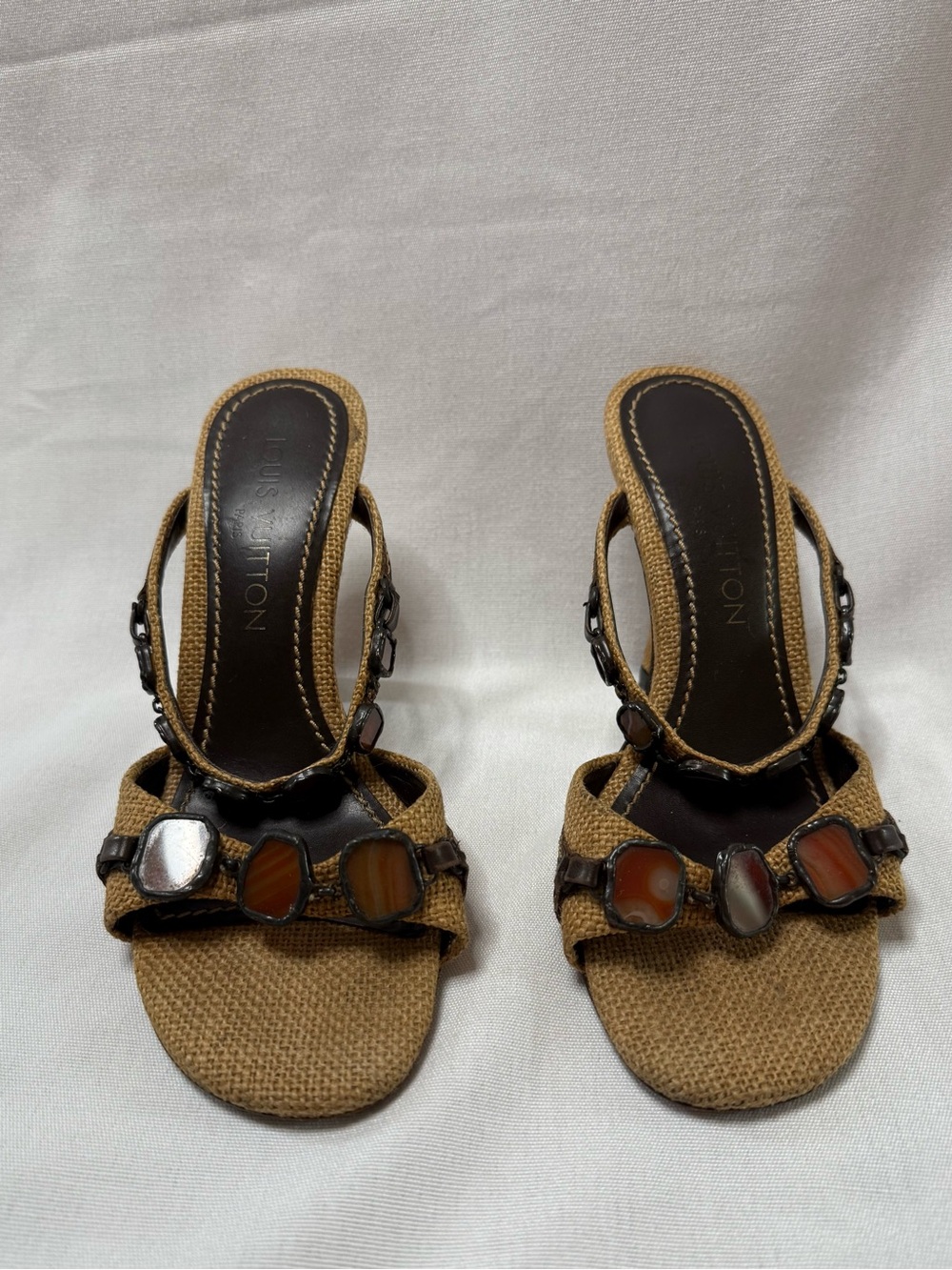 Louis Vuitton Brown Beaded Fabric Mules